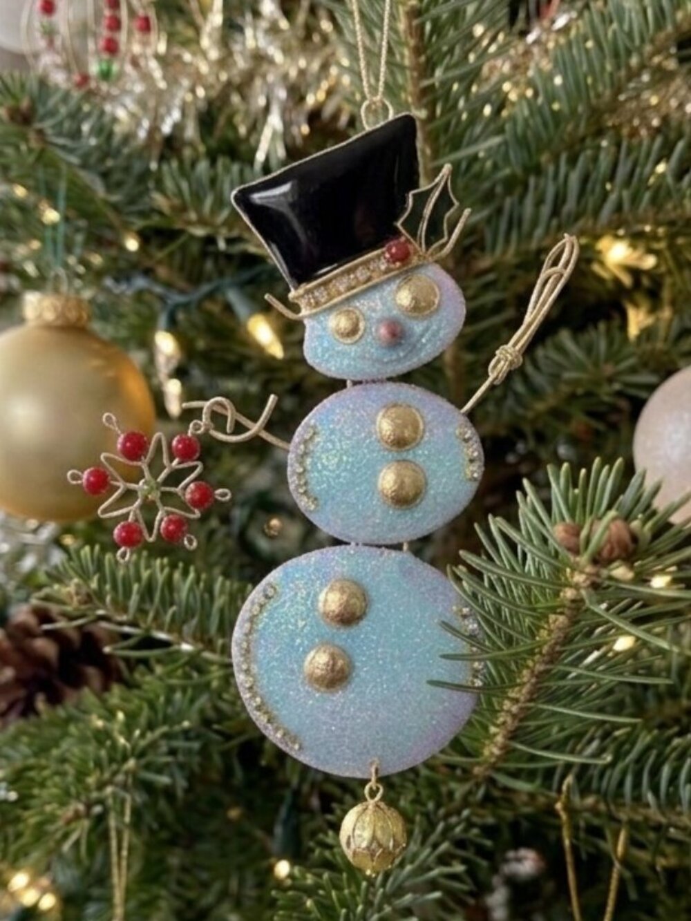 Vintage Metal Articulated Snowman Christmas Ornament